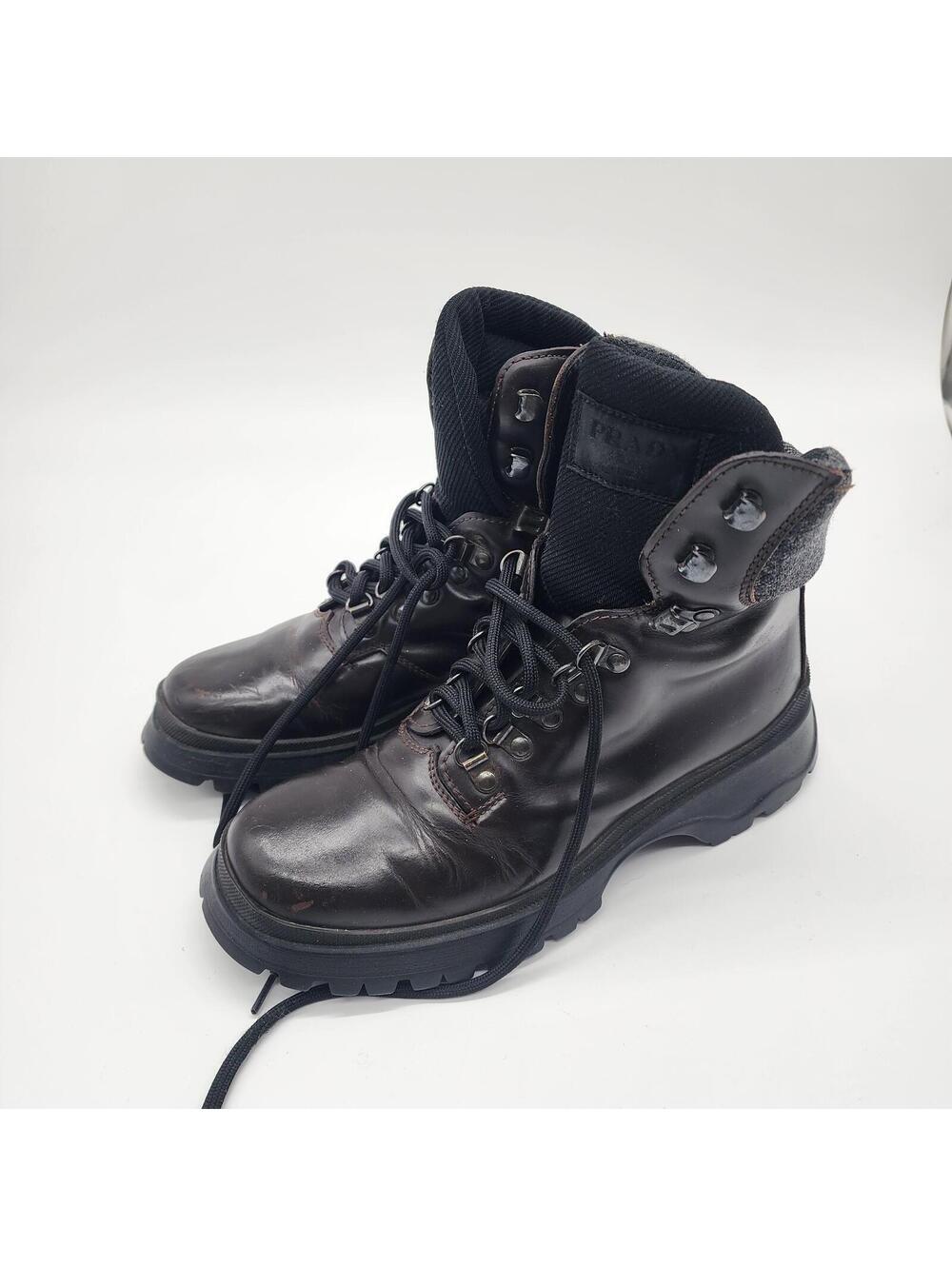 Vintage Prada Combat Boots Black Leather Lace Up Biker Hiker Womens 38 8